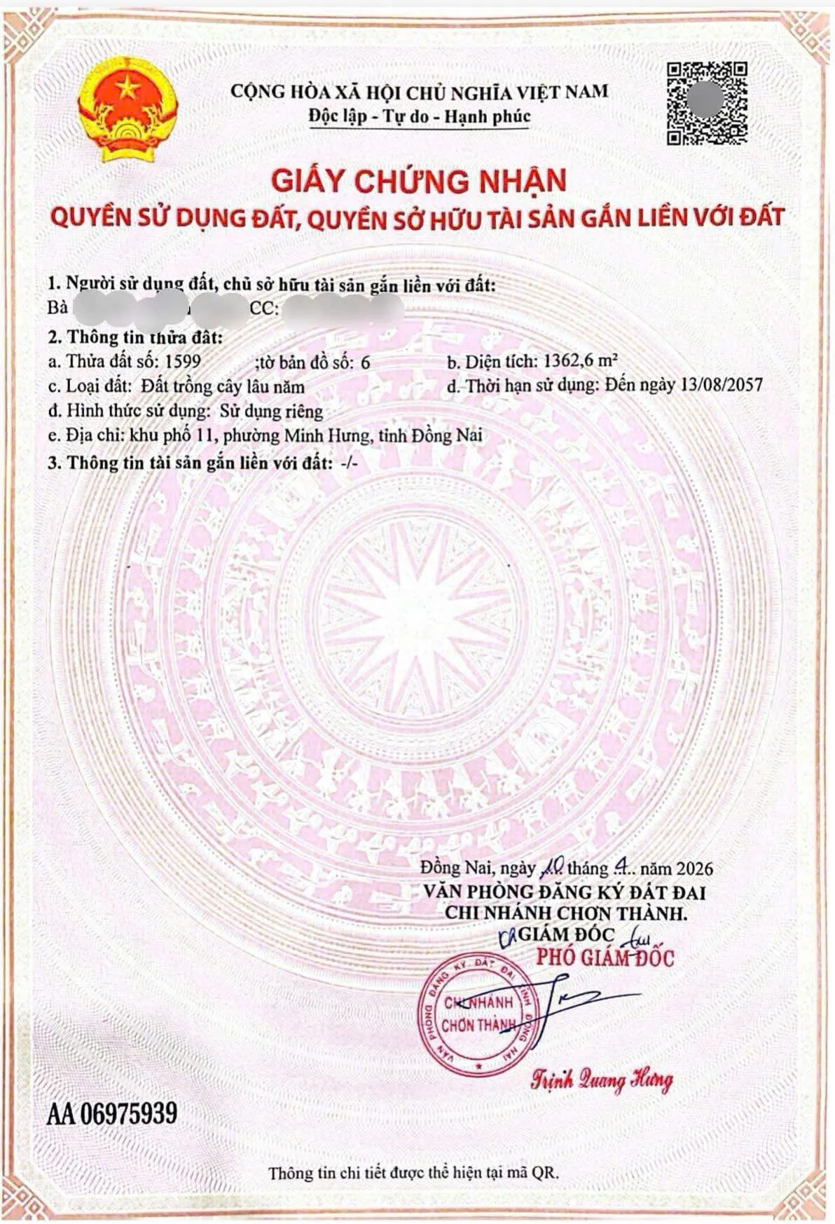 Bán đất đường 42 phường Minh Hưng, TP Đồng Nai cách KCN Mình Hưng Hàn Quốc chỉ 800m