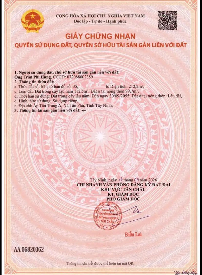 Bán đất xã Tân Phú, tỉnh Tây Ninh